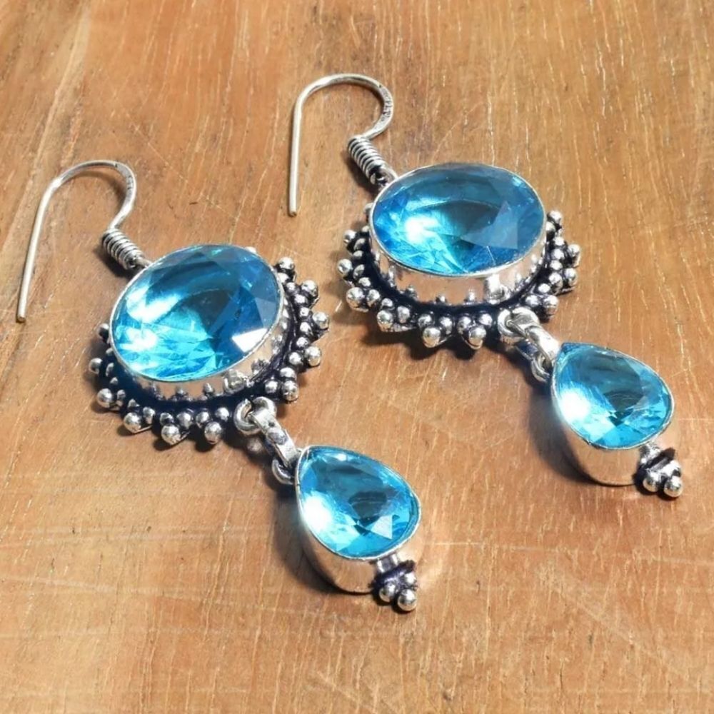 Blue Topaz Handmade Drop Dangle Earrings Jewelry 2.2"